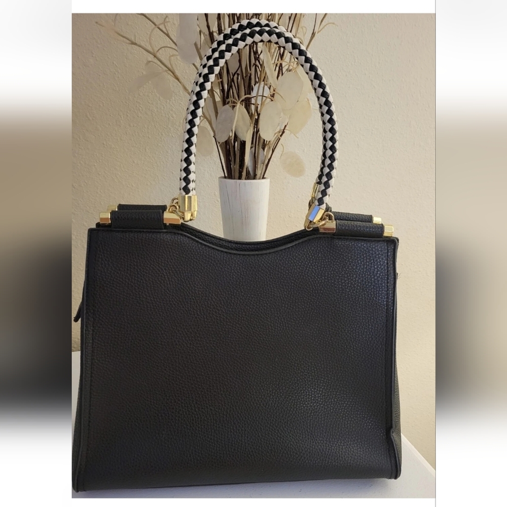 NEW BEBE LOS ANGELES BLACK WHITE TASSEL BRAIDED LEATHER BOHO HANDBAG PURSE LARG - Picture 4 of 12
